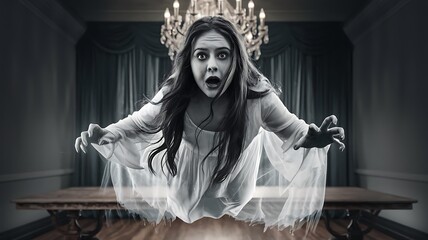 Wall Mural - Terrified Ghost Woman Floating in Haunted House