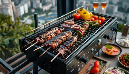 Modern barbecue grill with tasty food in park