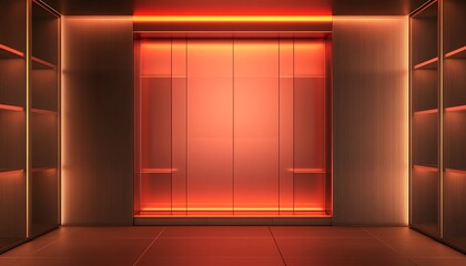 Wall Mural - A Minimalist Room with a Display Shelf, Illuminated by Warm Orange Light