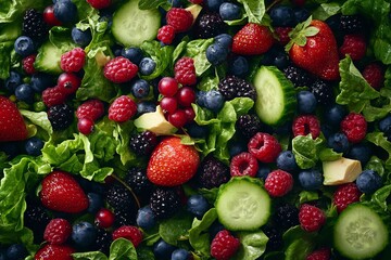 A Close-Up of a Fresh Salad with Various Berries, Cucumber, and Greens