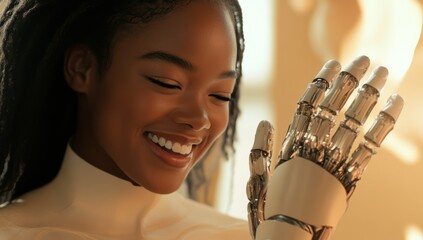 Wall Mural - close-up of black woman with prosthetic hand, looking at hand and smiling 