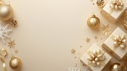 Wall Mural - A close-up of elegant Christmas gifts wrapped in gold paper, with golden ornaments and snowflake decorations, sitting on sparkling glitter.