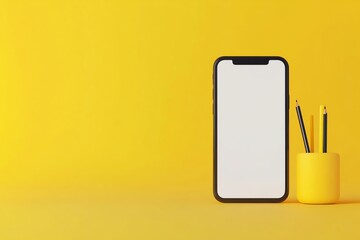 Poster - Smartphone and Pencils in Yellow Holder on Yellow Background
