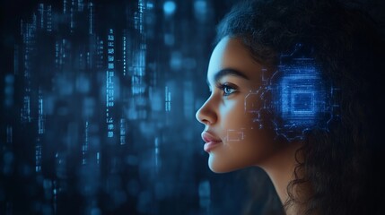 Poster - A woman with blue hair and a blue face staring at a computer screen
