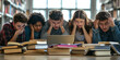 © Lila Patel - Stressed-Out Student: a study group huddled around books and laptops, desperately trying to cram for an exam, their stress etched on their faces.