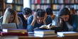 © Lila Patel - Stressed-Out Student: a study group huddled around books and laptops, desperately trying to cram for an exam, their stress etched on their faces.