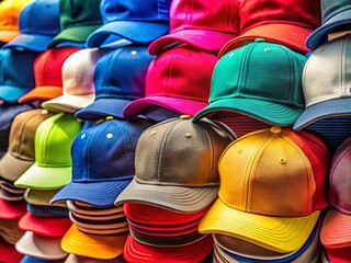 A vibrant stack of baseball caps teems with colorful flair, bold logos and logos aflutter like tiny flags on a lively parade.