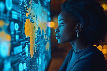 Poster - A woman is looking at a computer screen with a map of Africa on it. The map is filled with different colors and shapes, and the woman is focused on it. Concept of curiosity and exploration