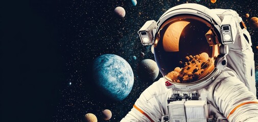 A space and time collage with clocks, planets, and constellations