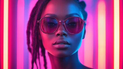 Wall Mural - A woman with purple sunglasses is standing in front of a neon light. The image has a vibrant and energetic mood, with the neon lights creating a bold