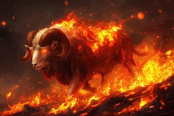 Fiery ram animal charging through burning flames and embers