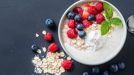 a fitness bowl filled with oats and fruits, topped with a scoop of whey protein powder