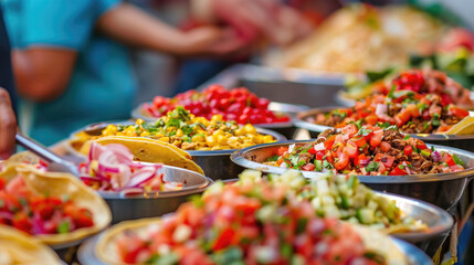 A variety of fresh toppings and fillings for tacos are neatly arranged in bowls at a lively street food market in Mexico