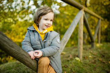 Wall Mural - Cute little boy playing outdoors on sunny autumn day. Child exploring nature. Fall activities for kids.