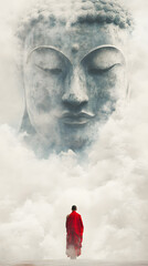 A serene scene where a monk in a vivid red robe stands with their back to the viewer, gazing up at a colossal, ethereal Buddha face that seems to form out of mist and smoke