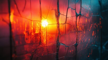 Wall Mural - A fiery sunset seen through a cracked window pane.