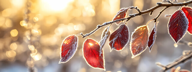 Wall Mural - Frozen Red Leaves in the Morning Light