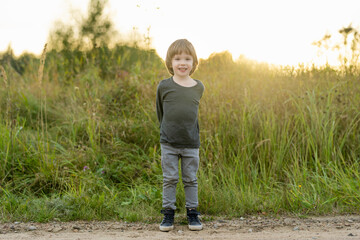 Canvas Print - Cute little boy playing outdoors on sunny autumn day. Child exploring nature. Fall activities for kids.