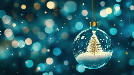 Wall Mural - Christmas tree ornament with snow-covered tree inside, suspended against a backdrop of glowing blue and gold bokeh lights.