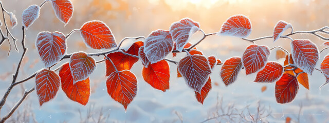 Canvas Print - Red Leaves with Frost at Dawn