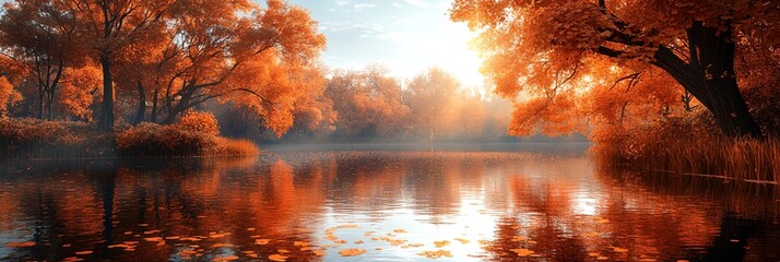 Canvas Print - A beautiful autumn scene with a lake and trees