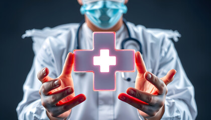 A medical worker hold medical cross shape and healthcare, Virus pandemic develop people awareness and spread attention on their healthcare in global isolated with white highlights, png