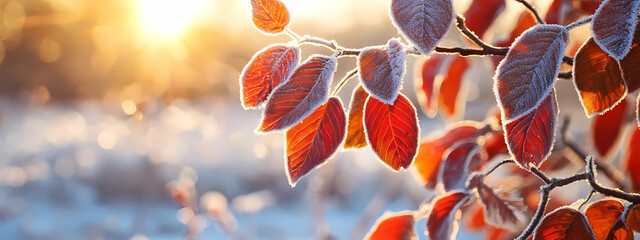 Canvas Print - Red Leaves with Frost at Dawn