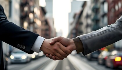 Wall Mural - Handshake symbolizes agreement amidst urban hustle with buildings and cars lining the street