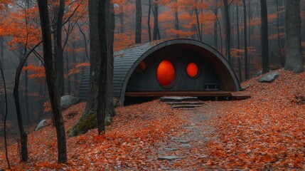 Sticker - A small, modern cabin with round windows glows in the woods during autumn.