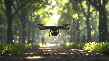 Autonomous AI-powered cleaning drones maintaining public parks: Drones flying around public spaces, collecting trash and maintaining cleanliness in real-time.