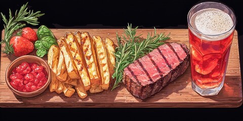 Delicious steak with golden fries, fresh herbs, and a refreshing drink on a rustic wooden board.