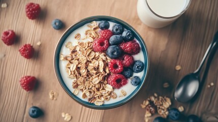 Top view of a healthy breakfast bowl with creamy yogurt, fresh berries, granola, and cereal, alongside a glass of milk, generative AI