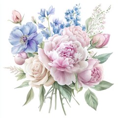 Wall Mural - A beautiful bouquet of pastel flowers, showcasing peonies, roses, and blue blossoms.