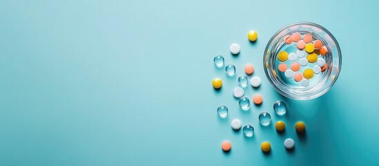 Aufkleber - Colorful pills alongside a glass of clear water on a blue background Medical pharmacy concept top view flat lay. with copy space image. Place for adding text or design