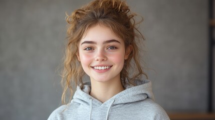 A young African American woman with a radiant smile poses confidently in a casual gray hoodie against a textured gray background, exuding modern urban style.