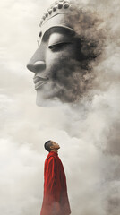 A serene scene where a monk in a vivid red robe stands with their back to the viewer, gazing up at a colossal, ethereal Buddha face that seems to form out of mist and smoke