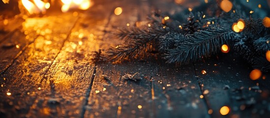 Poster - Toned photo on a wooden surface featuring a burning garland and spruce branches. with copy space image. Place for adding text or design