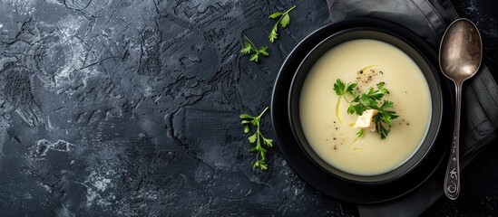 Poster - Vegan cream soup top view with copy space Various pureed soups set against a black background