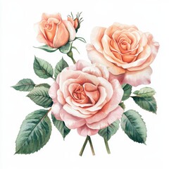 Wall Mural - A beautiful illustration of pink roses with lush green leaves.