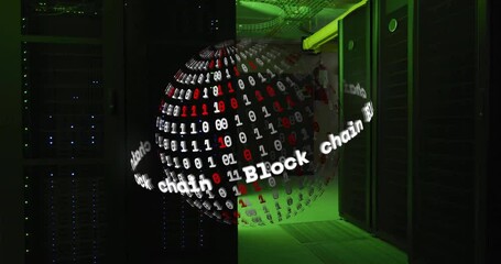 Poster - animation of globe with binary coding and digital data processing over computer servers