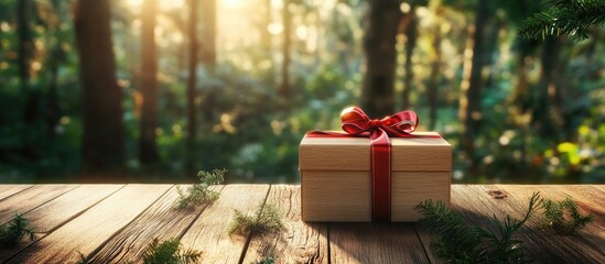Poster - Gift box on wood with a forest backdrop. with copy space image. Place for adding text or design