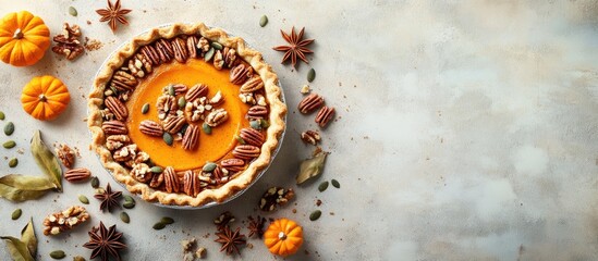 Poster - Savory pumpkin pie featuring pecan nuts pumpkin seeds anise stars and decorative elements on a light concrete background Top view Copy space