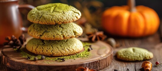 Poster - Matcha tea and pumpkin cookies for a Halloween themed afternoon snack. with copy space image. Place for adding text or design