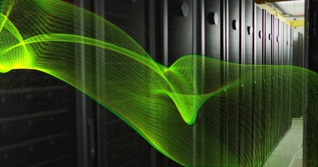 Poster - Animation of green mesh and digital data processing over computer servers