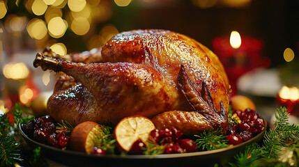 Wall Mural - Juicy roasted turkey with golden brown skin, served with cranberry sauce, festive and traditional 