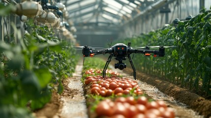 Wall Mural - Autonomous AI-powered farming drones managing entire farmlands: Drones monitoring crops, distributing water, and harvesting based on real-time data.