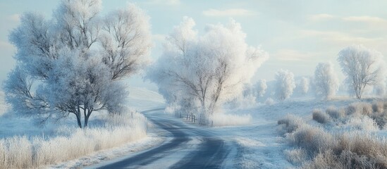 Poster - Frost covered trees along the roadside in a picturesque winter scene. with copy space image. Place for adding text or design