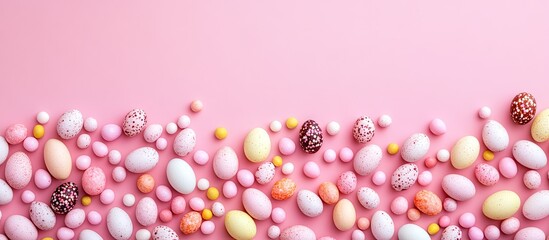 Poster - Happy Easter theme The inscription HAPPY EASTER features letters made of candy chocolate eggs and jellybean treats set against a stylish pastel pink background Simple minimalism flat lay top view cop