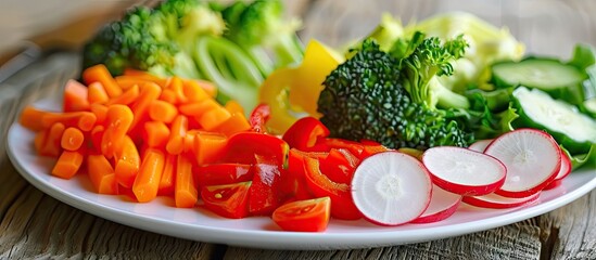 Wall Mural - Miniature arrangement of colorful vegetables on a white plate. with copy space image. Place for adding text or design