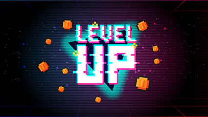 Wall Mural - LEVEL UP !! text on pink blue background.pixel art .8 bit game.retro game. for game assets in vector illustrations.